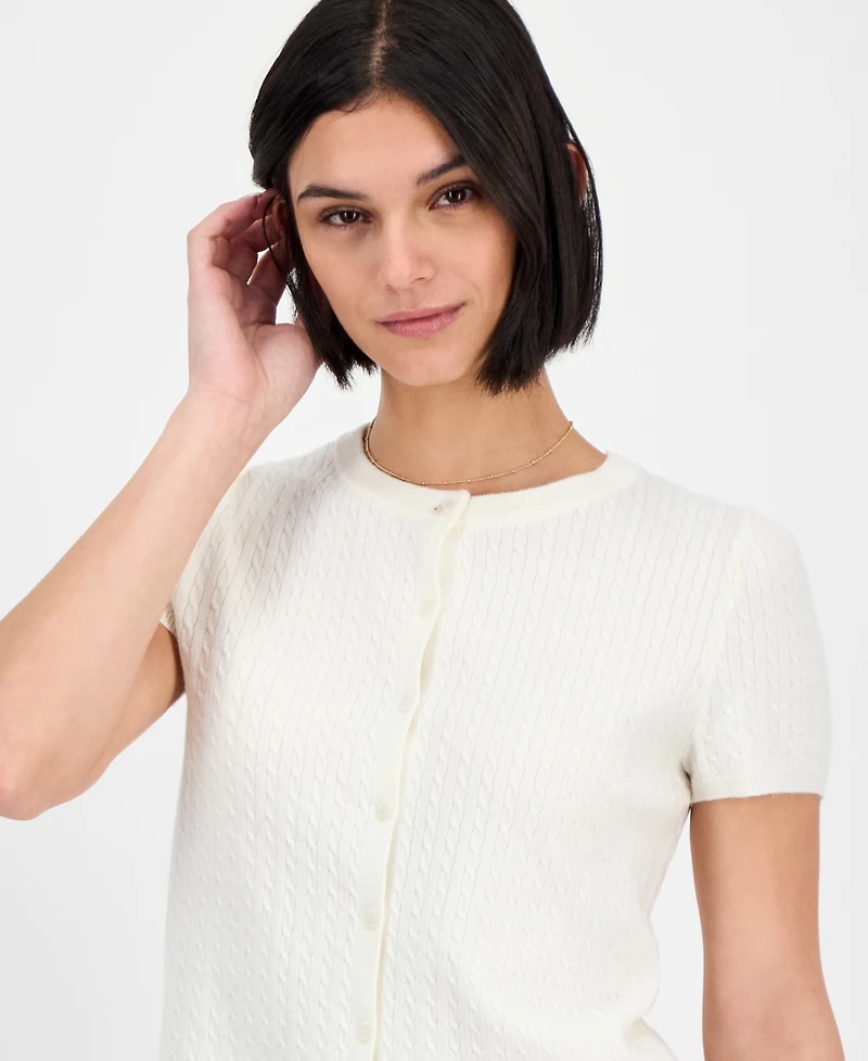 Freshman Juniors' Short-Sleeve Crewneck Cable-Knit Sweater