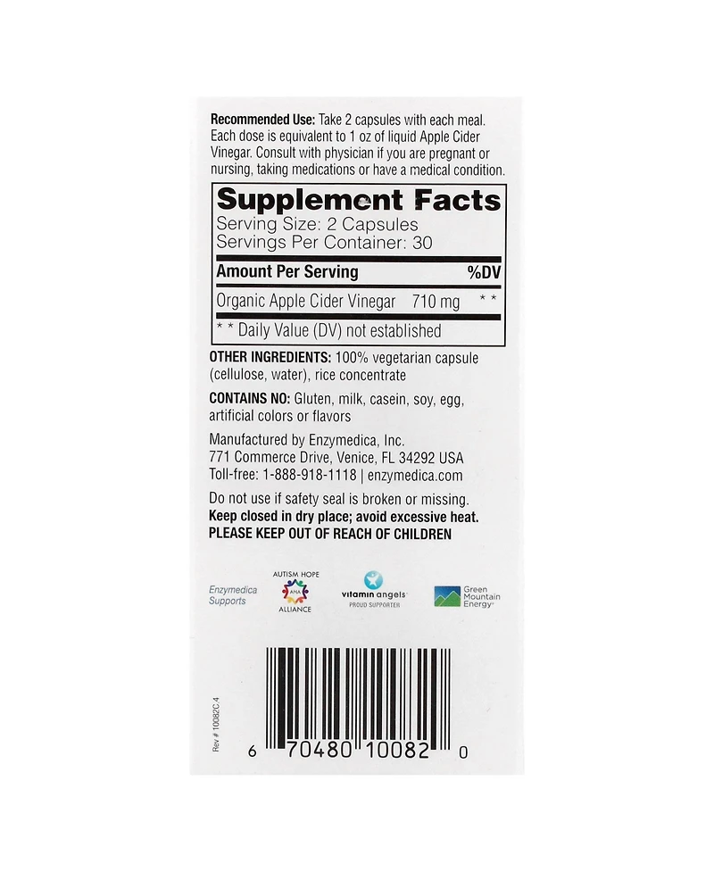 Enzymedica, Apple Cider Vinegar, Healthy Weight and Digestive Support, 60 Count