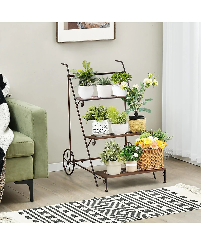 Gymax 3-Tier Metal Plant Stand Ladder Shaped Flower Pot Holder Storage Rack w/ Wheels
