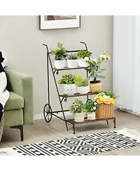 Gymax 3-Tier Metal Plant Stand Ladder Shaped Flower Pot Holder Storage Rack w/ Wheels