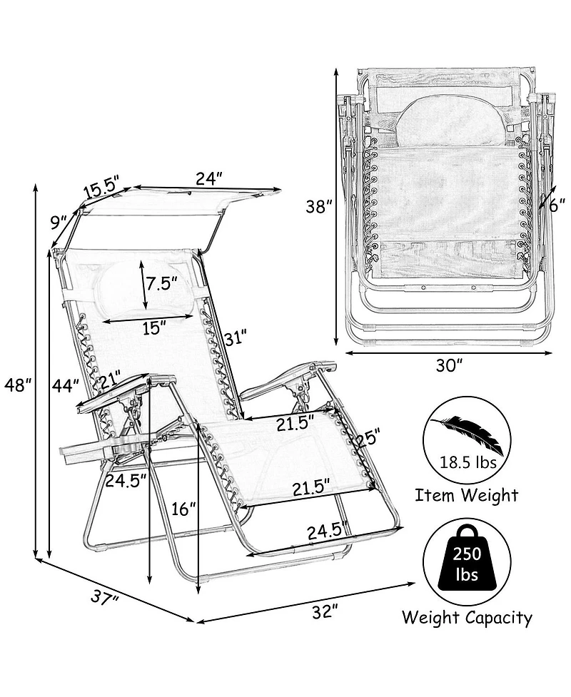 Gymax Folding Recliner Zero Gravity Lounge Chair W/ Shade Canopy Cup Holder