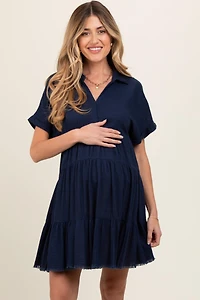 Pinkblush Maternity Navy Tiered Linen Dress