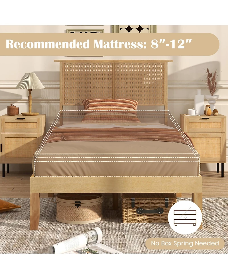 Gymax Twin Size Bed Frame w/ Rattan Headboard 10 Solid Wood Legs & 12 Wooden Slats