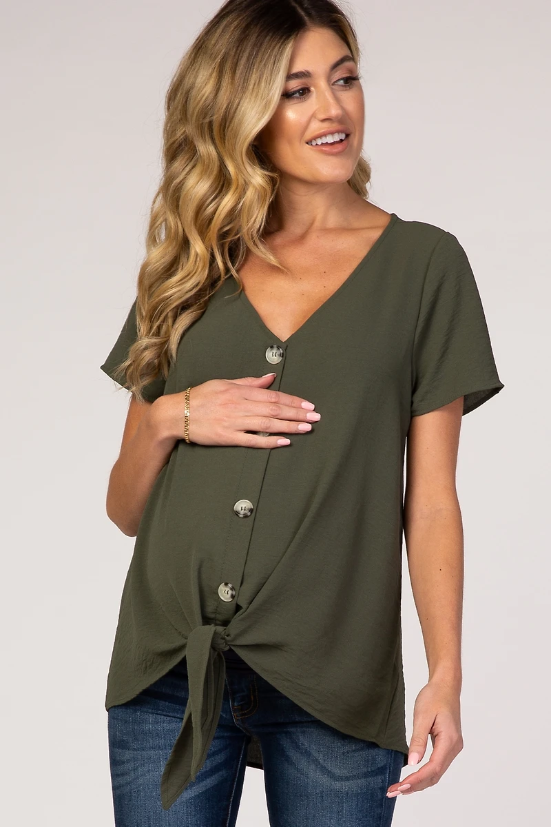 Pinkblush Maternity Light Olive Button Tie Front Top