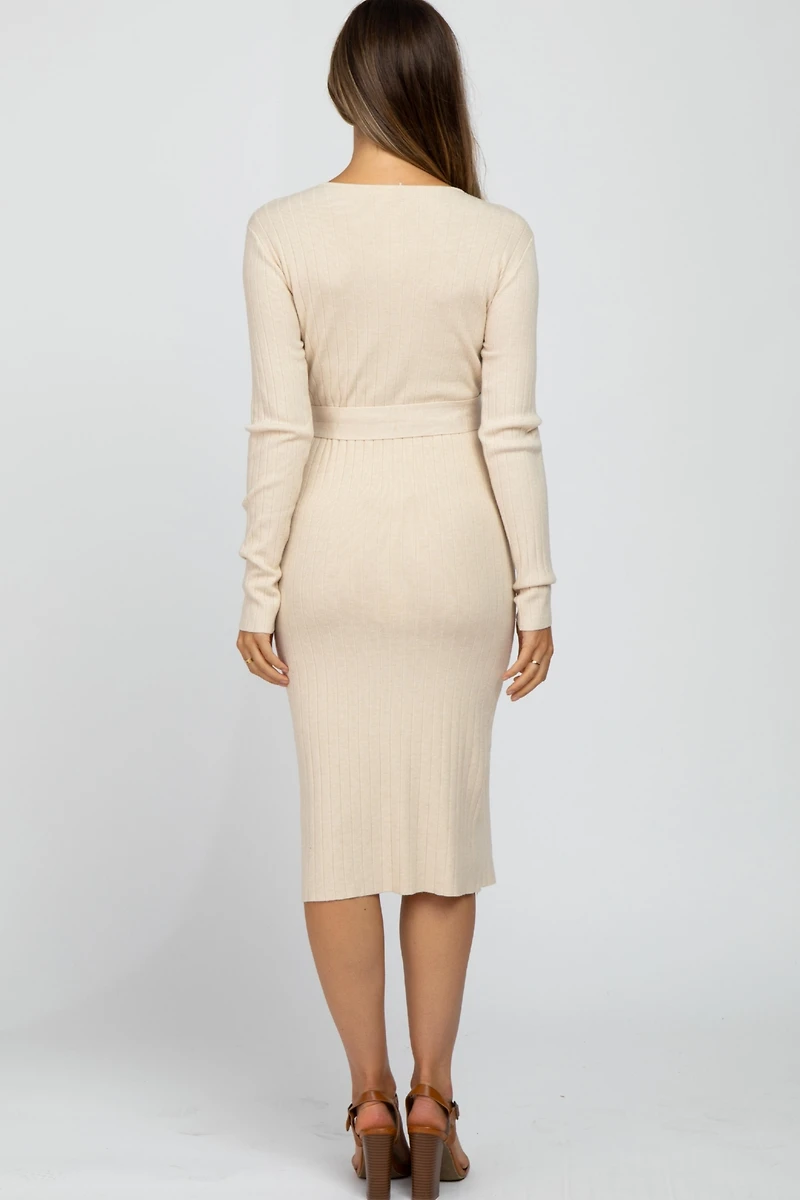 Pinkblush Maternity Beige Tie Front Sweater Midi Dress