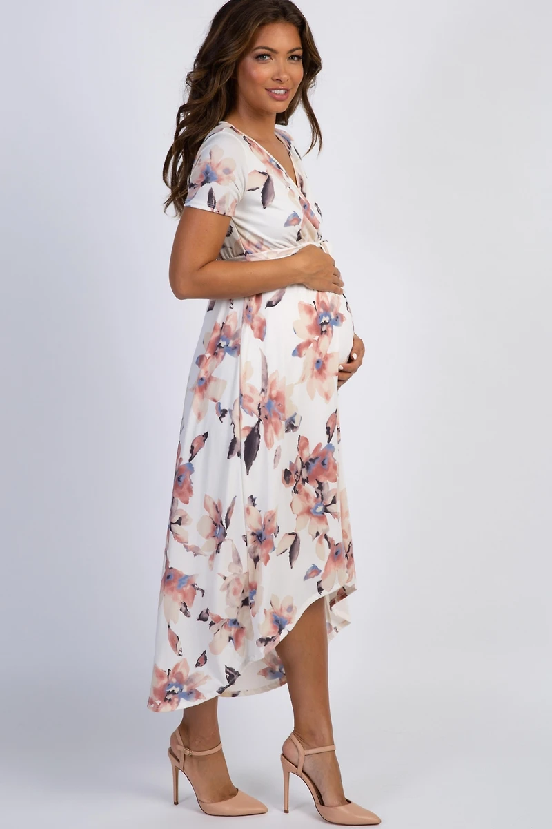 Pinkblush Maternity Ivory Watercolor Floral Hi-Low Wrap Dress