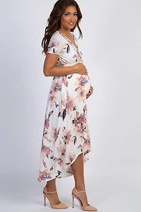 Pinkblush Maternity Ivory Watercolor Floral Hi-Low Wrap Dress
