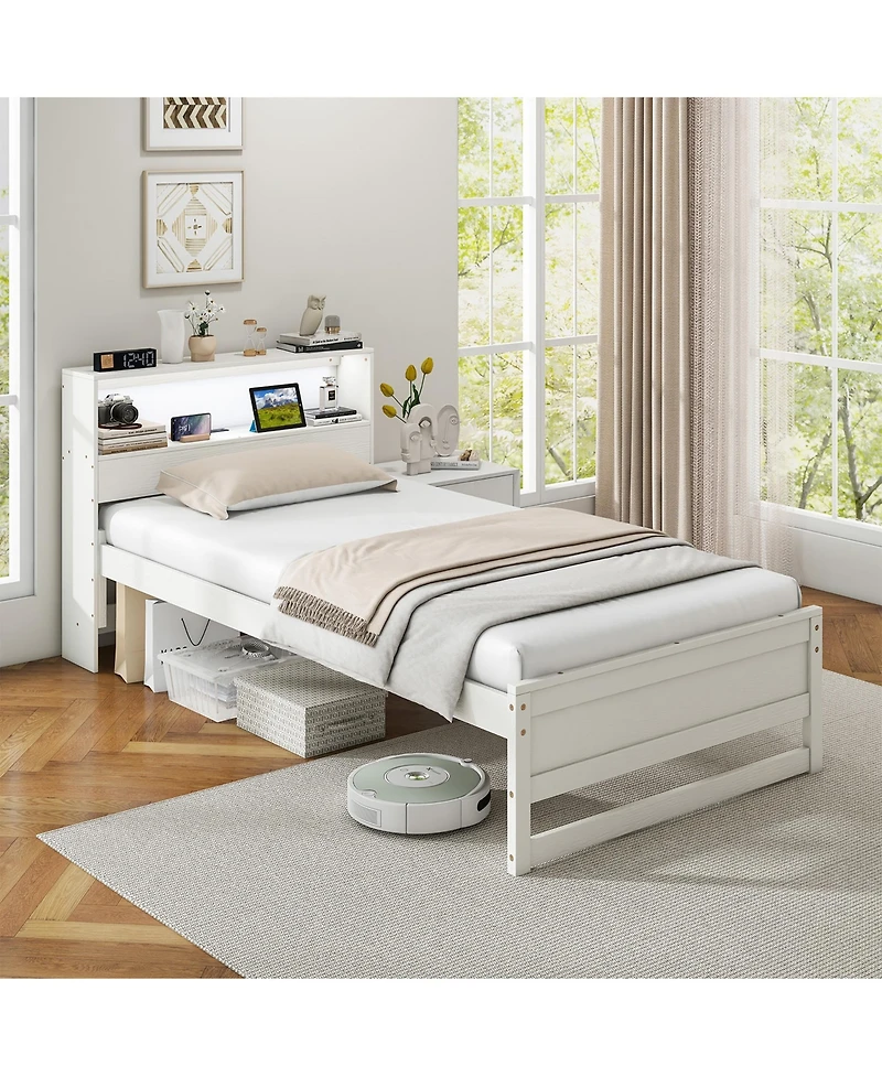 Gymax Twin Wooden Bed Frame w/ Charging Station & Led Light Storage Headboard