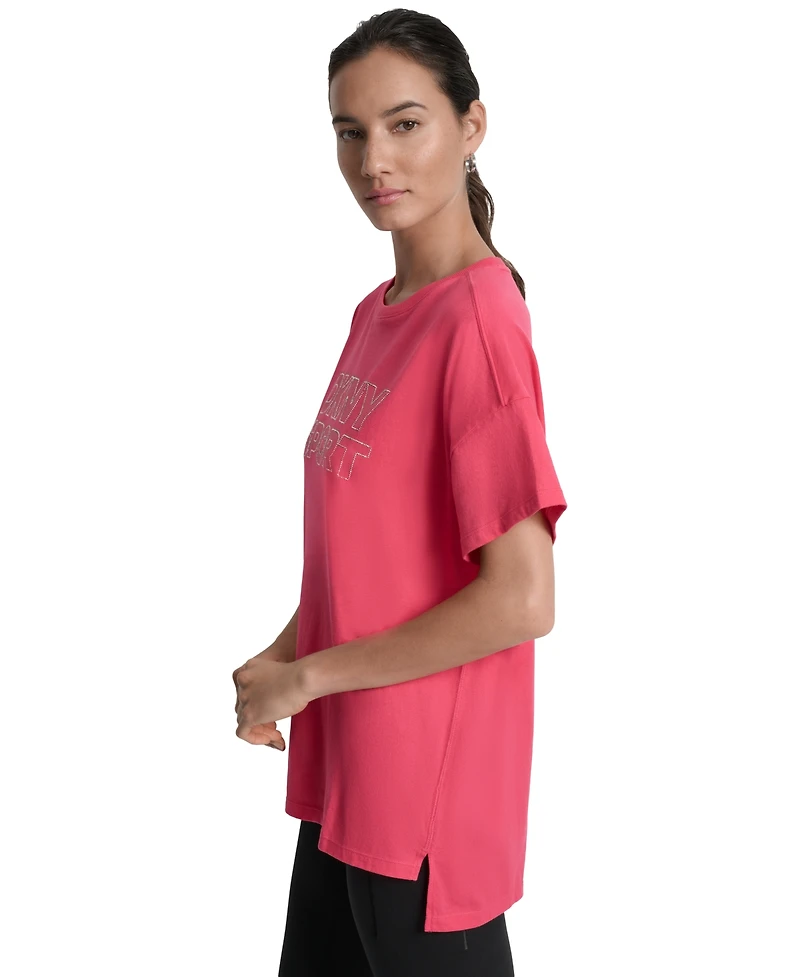 Dkny Sports Women's Rhinestone-Logo Drop-Shoulder T-Shirt