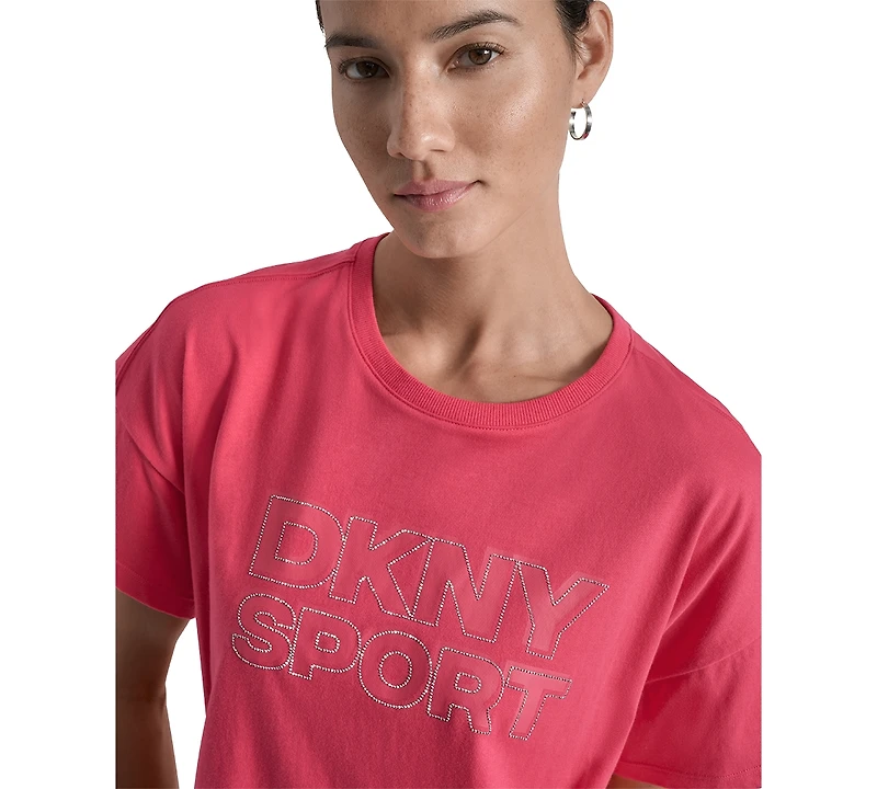 Dkny Sports Women's Rhinestone-Logo Drop-Shoulder T-Shirt