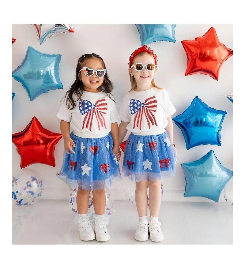 Sweet Wink Toddler Girls Patriotic Sequin Bow Patch Short Sleeve T-Shirt