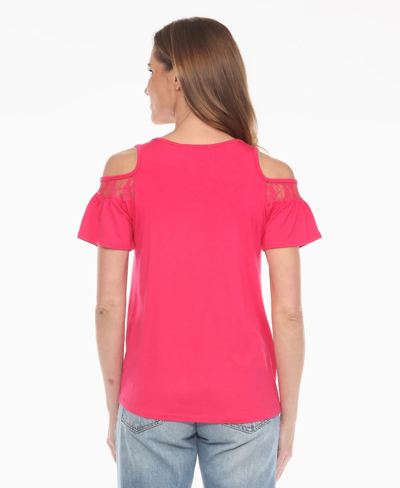 White Mark Women's Cold Shoulder Lace Trim Knit Top