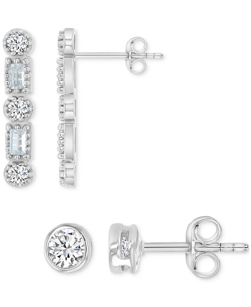 2-Pc. Set Cubic Zirconia Round & Baguette Solitaire Stud & Drop Earrings in Sterling Silver