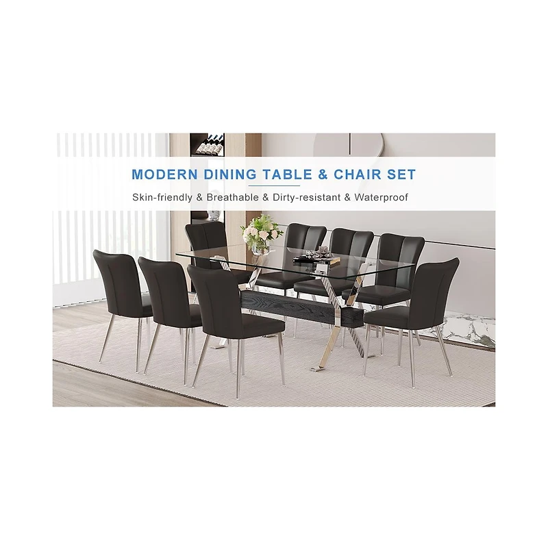 Streamdale Elegant Glass Dining Set with Black Pu Striped Chairs (71"x35.4")