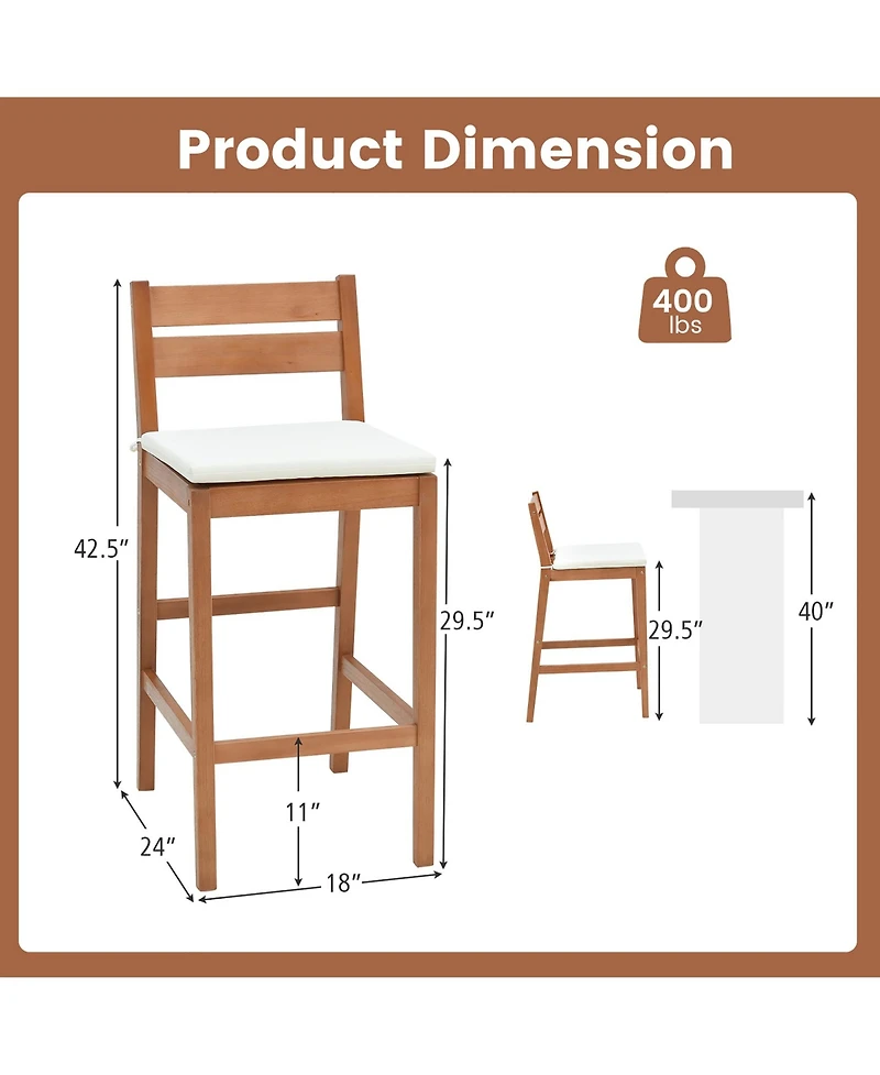 Gymax Patio Eucalyptus Wood Bar Stools Set of 2 Outdoor Bar Height Patio Chairs w/ Cushions