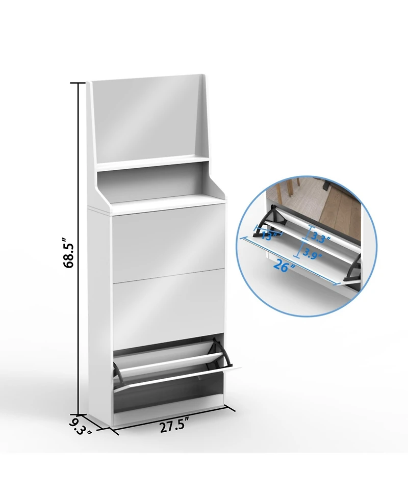 Streamdale 3-Mirror White Shoe Cabinet for Entryway