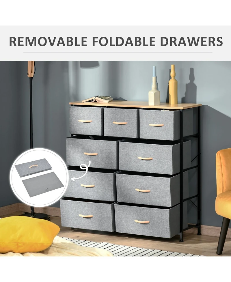 9 Drawers Storage Chest Dresser Organizer Unit w/ Steel Frame, Wood Top, Easy Pull Fabric Bins, for Bedroom, Hallway, Closet, Entryway, Oak & Grey
