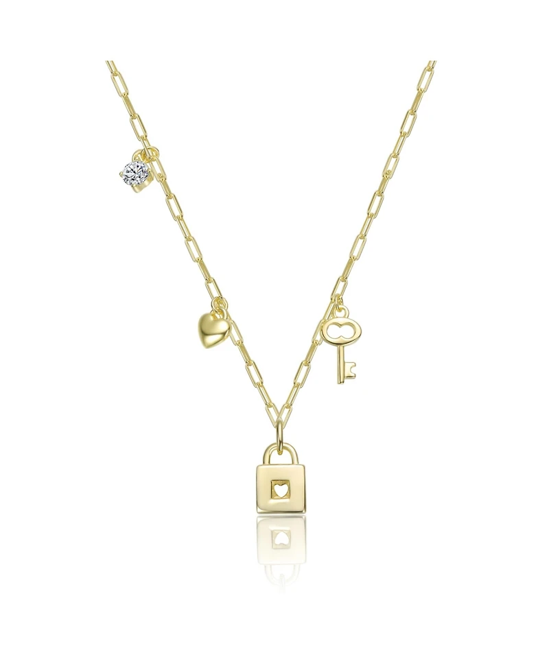 Kids 14K Gold Plated with "Clear Cubic Zirconia, Heart, & Key Charm" Lock Pendant Necklace