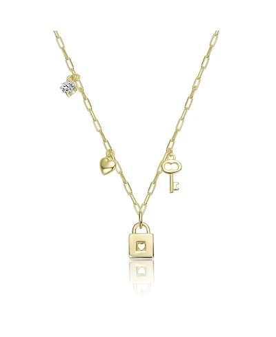 Kids 14K Gold Plated with "Clear Cubic Zirconia, Heart, & Key Charm" Lock Pendant Necklace
