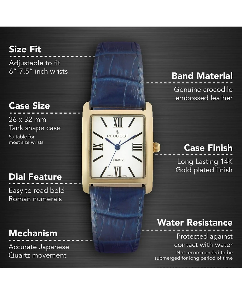 Peugeot Women's Tank Watch Roman Dial Blue Leather Strap