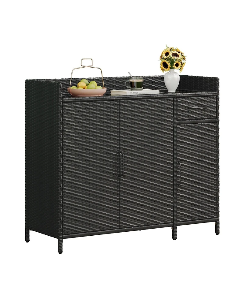 Wicker Outdoor Storage Cabinet & Bar Table Combo