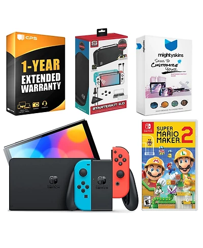 Nintendo Switch Neon Red & Blue Oled Console with Mario Maker 2, Surge Accessory Gaming Kit, MightySkins Console and Controller Skin Voucher