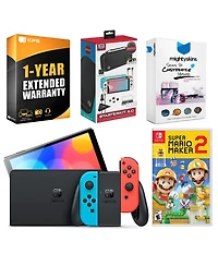 Nintendo Switch Neon Red & Blue Oled Console with Mario Maker 2, Surge Accessory Gaming Kit, MightySkins Console and Controller Skin Voucher