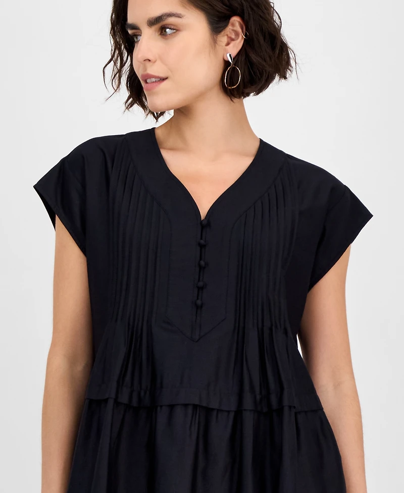 Robbie Bee Women's Short-Sleeve Pintuck Cotton Babydoll Dress