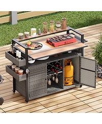 Wicker Grill Cart with Table Top & Storage