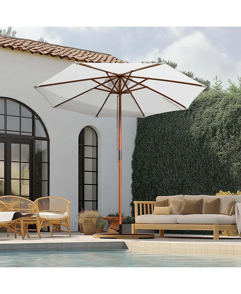 Yescom 9ft Solid Wood Outdoor Patio Umbrella with Base Included Parasol Wheels Stand for Bistro Market Garden Deck Yard Poolside White