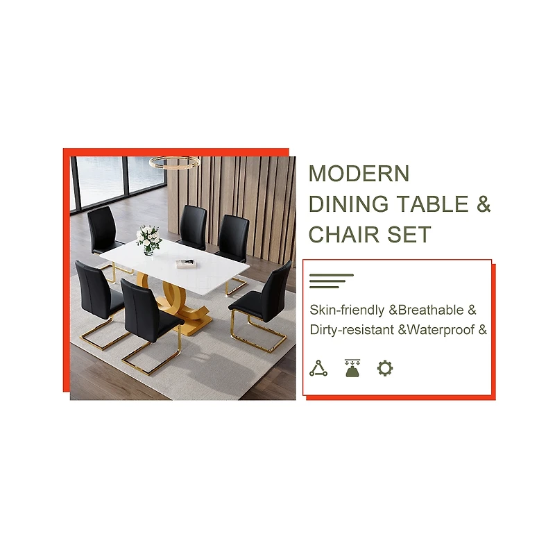 Streamdale Tempered Glass and Pu Material Dining Set with Arched Gold Legs