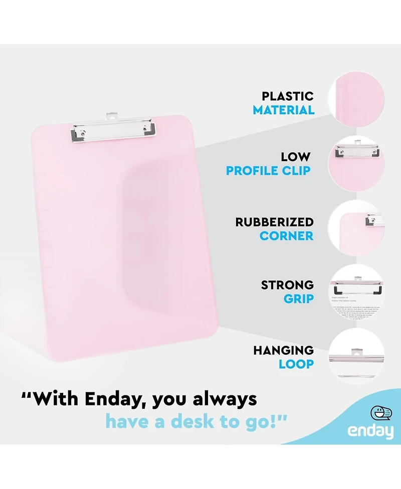 Plastic Clipboard Standard Pink, Translucent Low Profile Clip Board, Hangable Clipboard, 12.7” x 9”, Holds 100 Sheets, 1 Pc