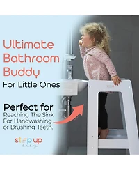 Stepup Baby Toddler Tower with Adjustable Step, White Montessori-Inspired Toddler Step Stool, Standing Tower for Kids, Fits Under Kitchen Counters, Ad