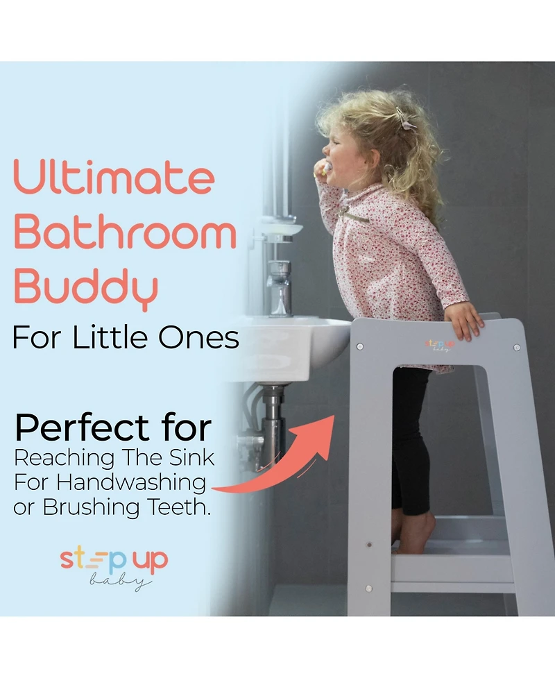 Stepup Baby Toddler Tower with Adjustable Step, White Montessori-Inspired Step Stool, Standing for Kids, Fits Under Kitchen Counters, Ad