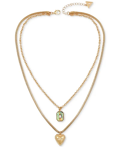 Guess Gold-Tone Mixed Stone Heart Layered Pendant Necklace, 18" + 2" extender