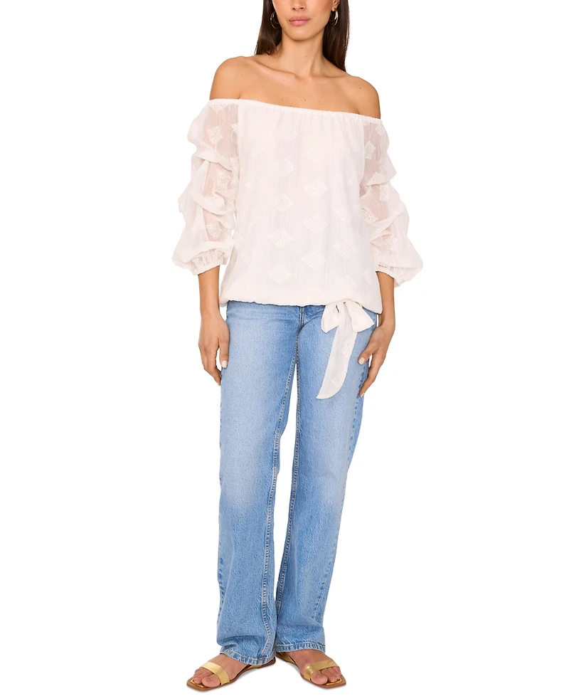 Vince Camuto Women's Textured Off-The-Shoulder Sheer Bubble 3/4-Sleeve Tie-Front Blouse