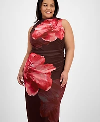 Madden Girl Trendy Plus Size Ruched Floral-Print Mesh Dress
