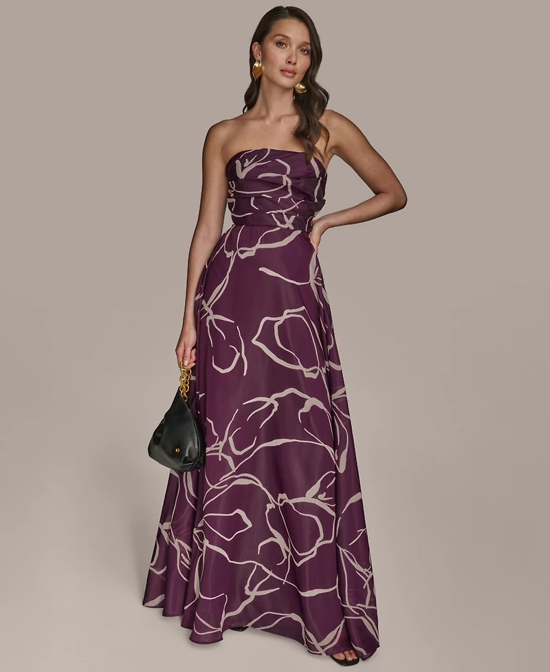 Donna Karan New York Women's Printed Ruched Organza Strapless Gown