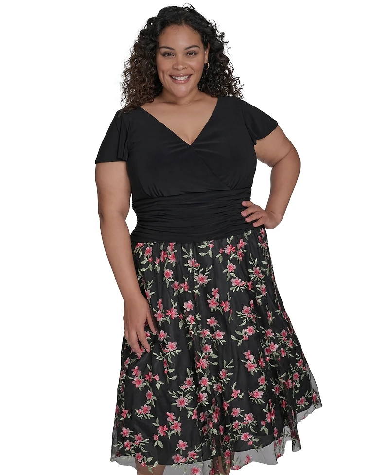 Jessica Howard Plus Mixed-Media Mesh-Skirt Fit & Flare Dress