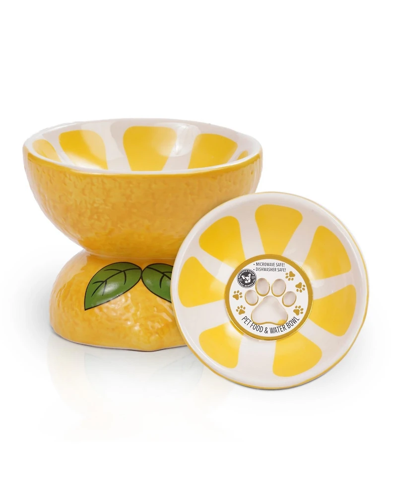 P.t. Supply Co. Lemon Shaped Stoneware Elevated Pet Bowl, Raised Ceramic Food & Water Dish for Dogs and Cats