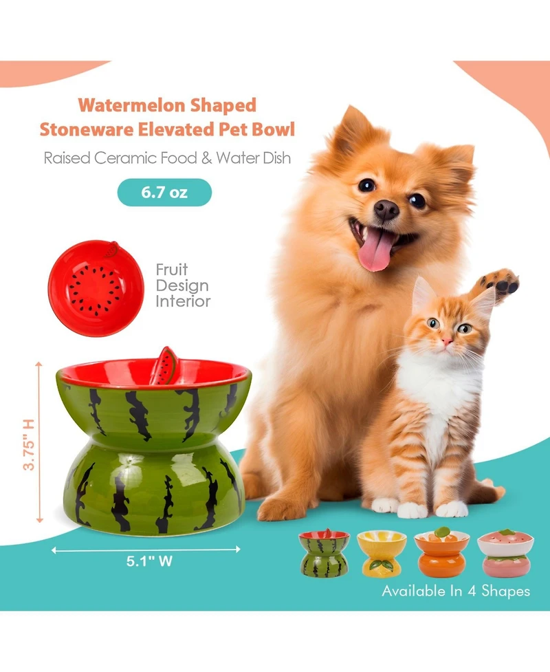 P.t. Supply Co. Watermelon Shaped Stoneware Elevated Pet Bowl, Raised Ceramic Food & Water Dish for Dogs and Cats