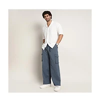 Campus Sutra Men's Prussian Blue Heathered-Relaxed Cargo Trousers