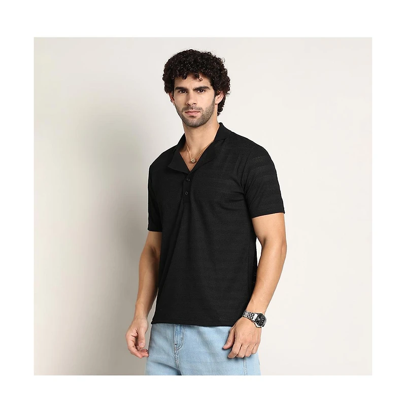 Campus Sutra Men's Onyx Black Panel-Tactile Cuban Polo T-Shirt