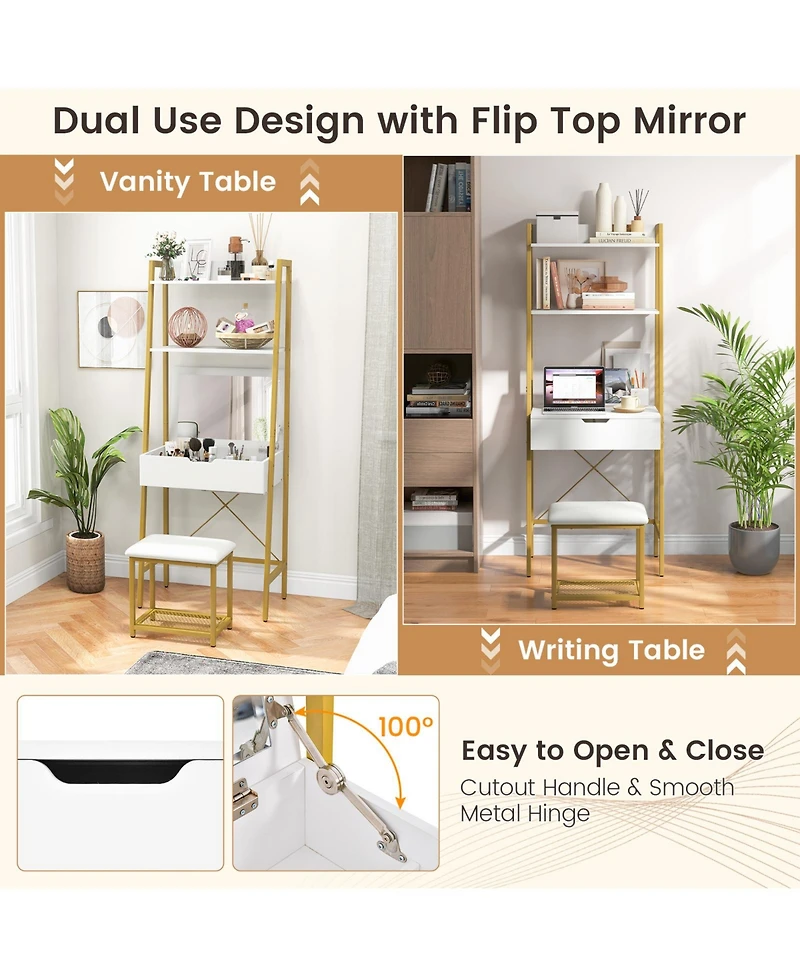 Ladder Vanity Desk Set with Flip Top Mirror and Cushioned Stool
