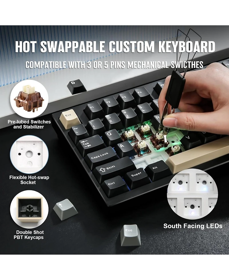 Yunzii AL75 Pro 75% Wireless Mechanical Gaming Keyboard,Full Aluminum Cnc,Bt/2.4G/Wired,Pbt Keycaps,Gasket Mounted Hot Swap,Custom Rgb Backlight