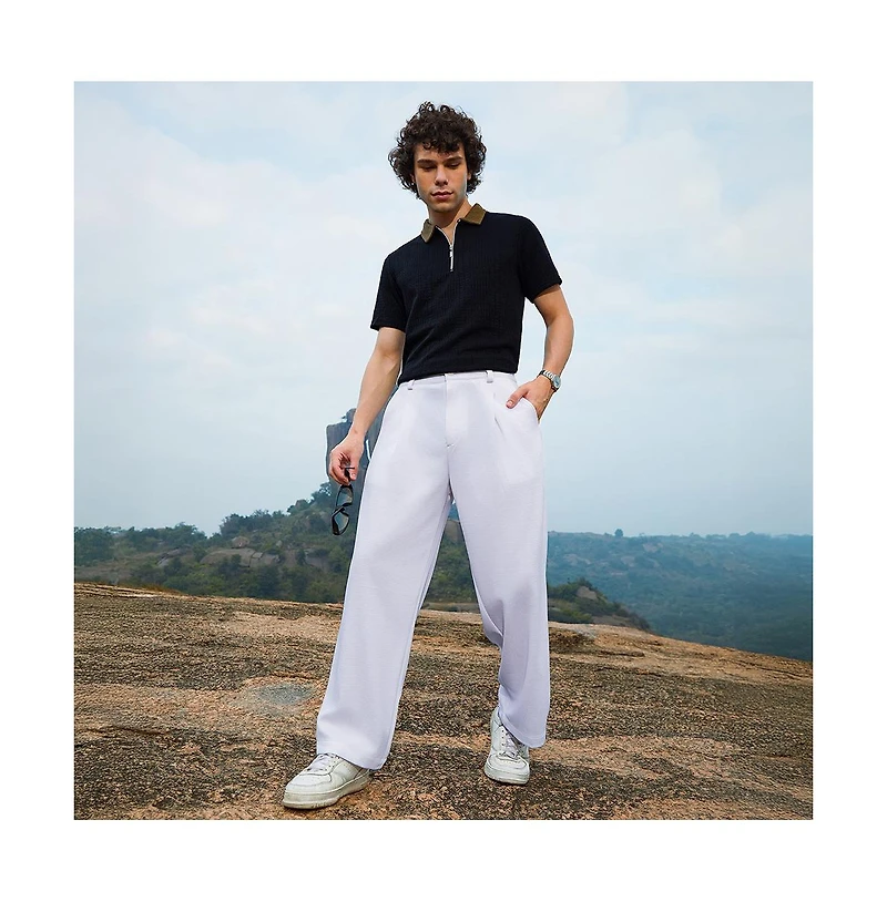 Campus Sutra Men's Cream White Straight-Fit Ribbed Trousers