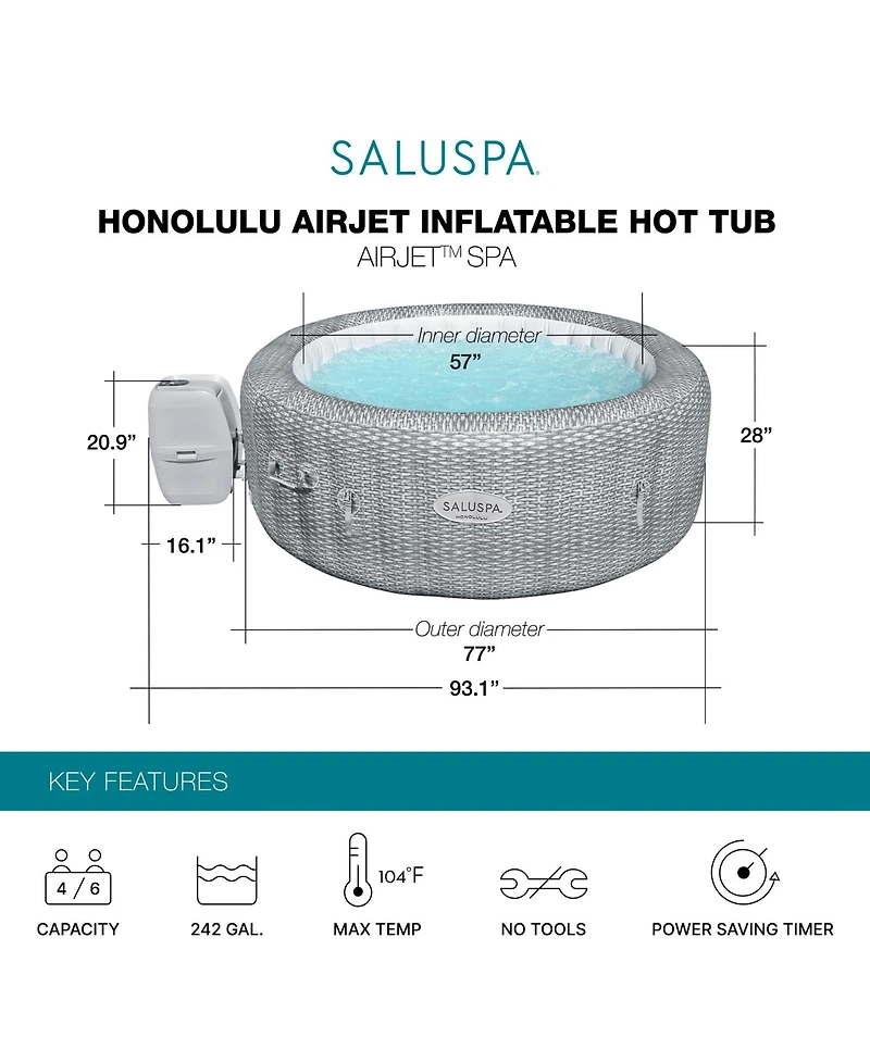 Bestway SaluSpa Honolulu AirJet Inflatable Hot Tub with 140 Soothing Jets, Gray