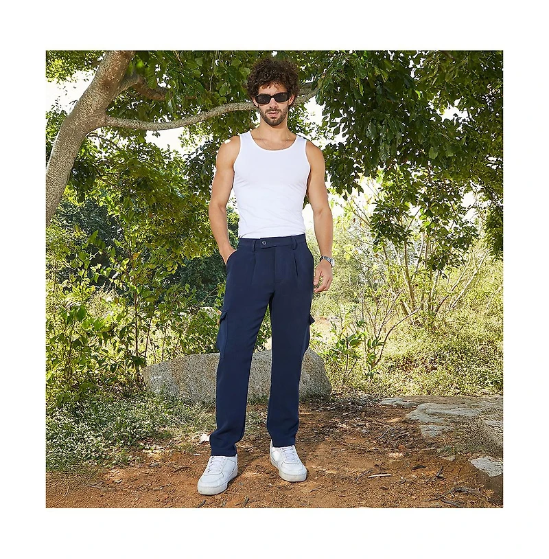 Campus Sutra Men's Indigo Blue Utility Pleated Trousers