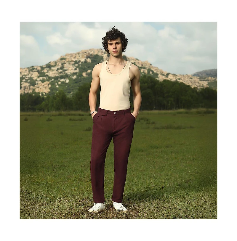 Campus Sutra Men's Burgundy Red Velvique Tailored Trousers