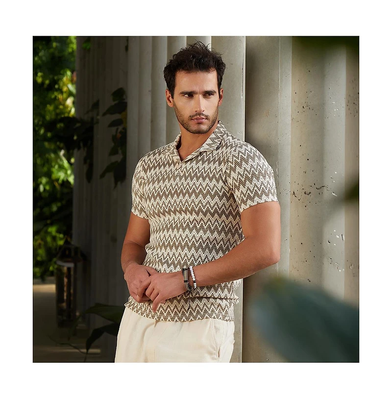 Campus Sutra Men's French Beige & Off White Zig-Zag Knit Polo T-Shirt